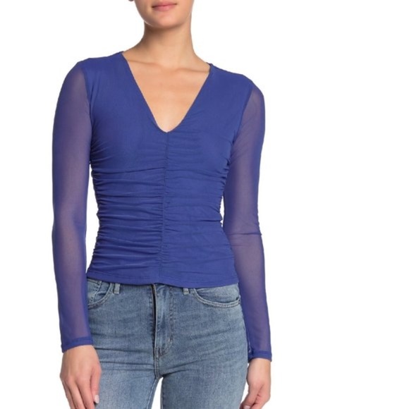 Ten Sixty Sherman Mesh Solid Print Ruched Top - Picture 1 of 7